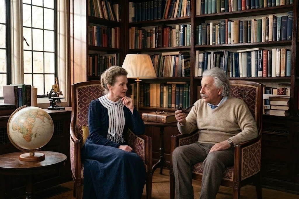 Albert Einstein and Marie Curie in conversation