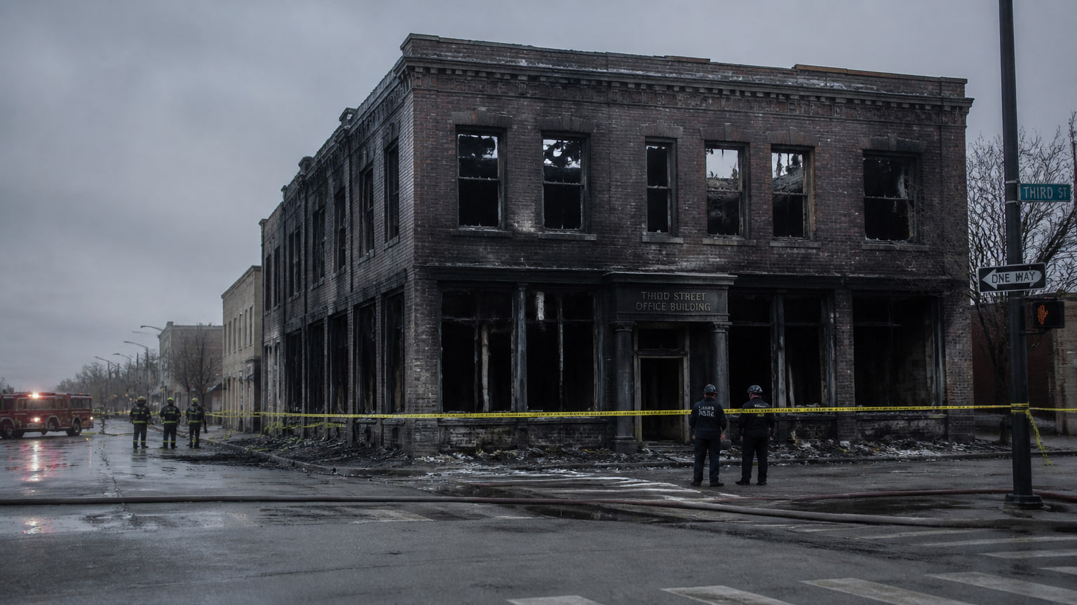 A burned brick office building off East Third Street
