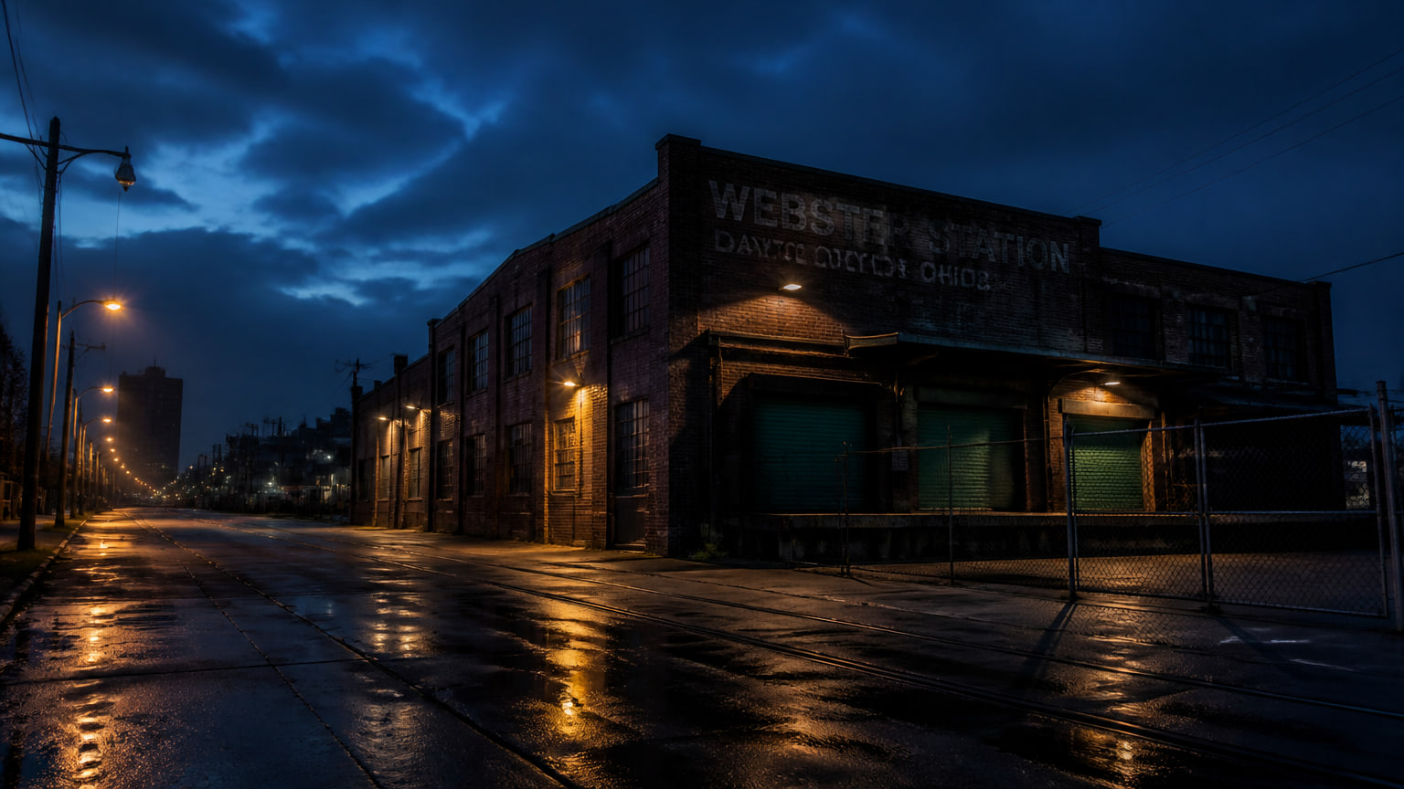 A converted industrial office building in Webster Station at dawn