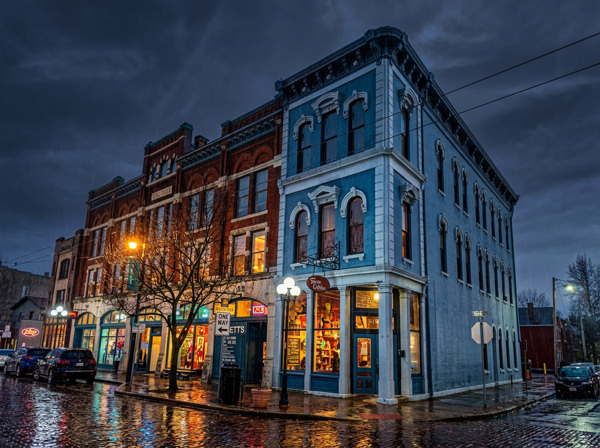Brick storefronts on a wet corner in the Oregon District at dusk