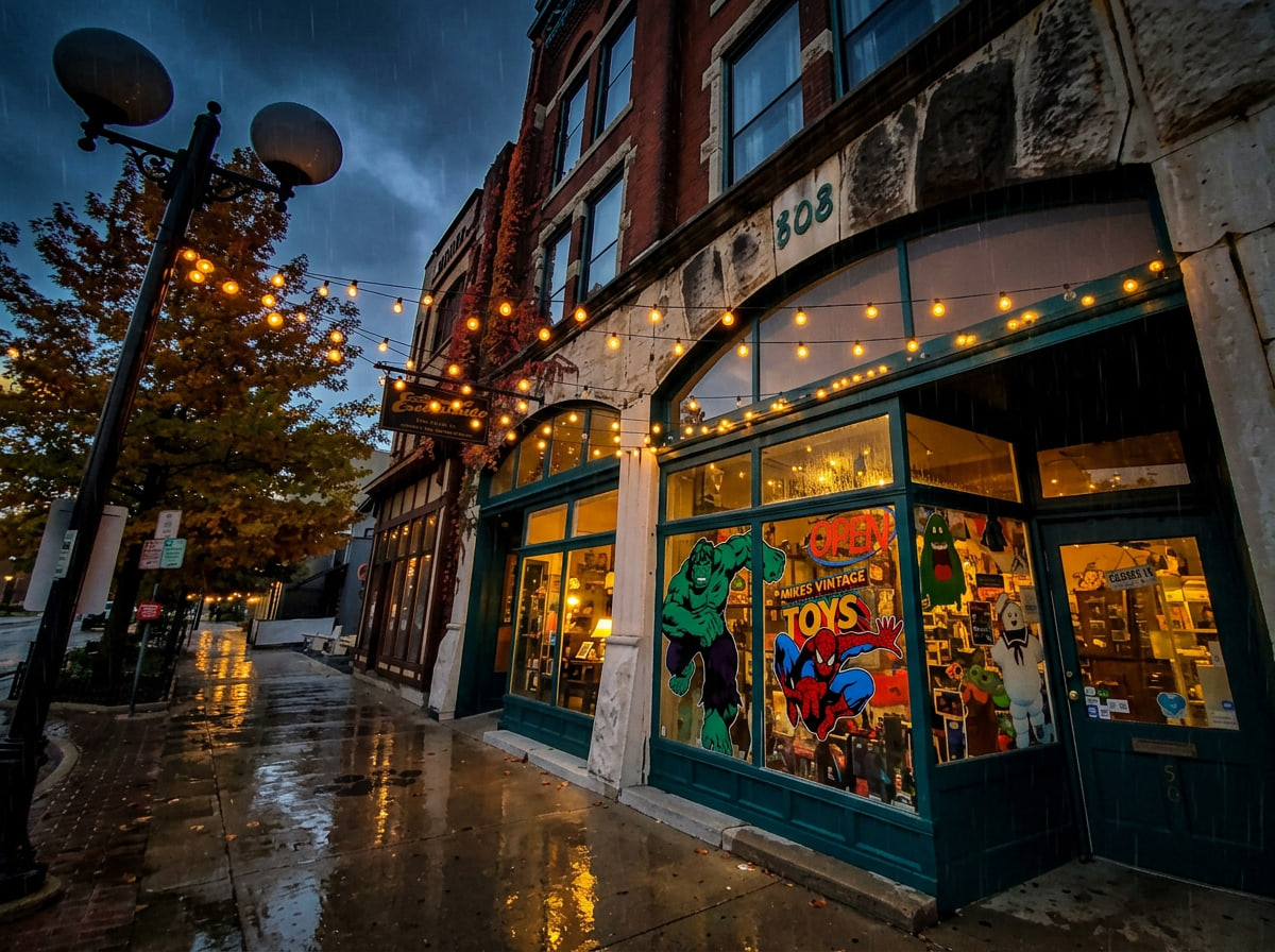 Lit shopfronts and string lights along a rainy Oregon District sidewalk