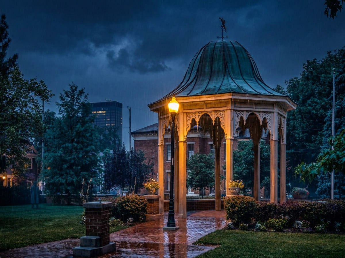 A lamplit gazebo in a Dayton park under a storm sky