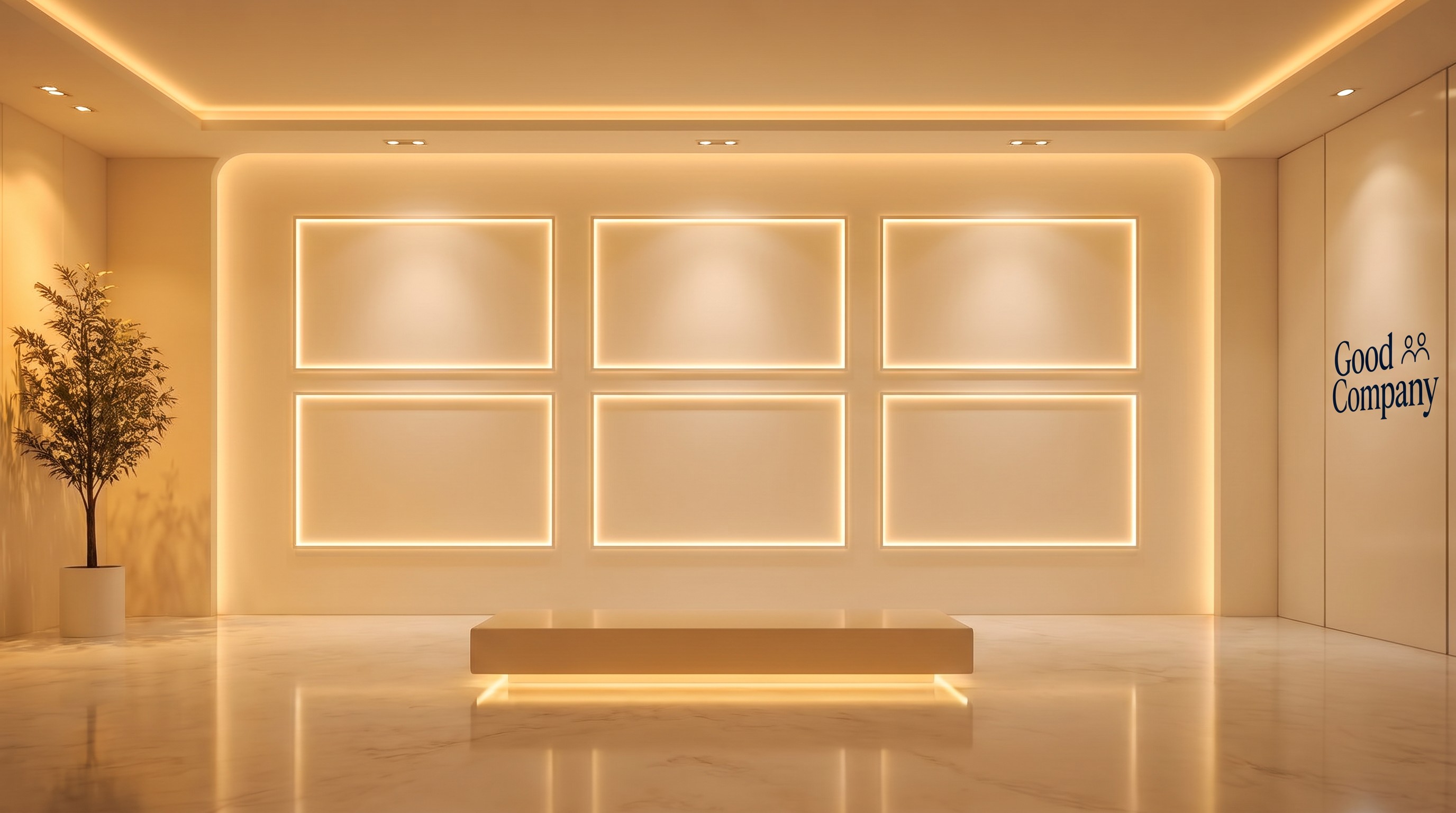 The companions wall, six lit frames.