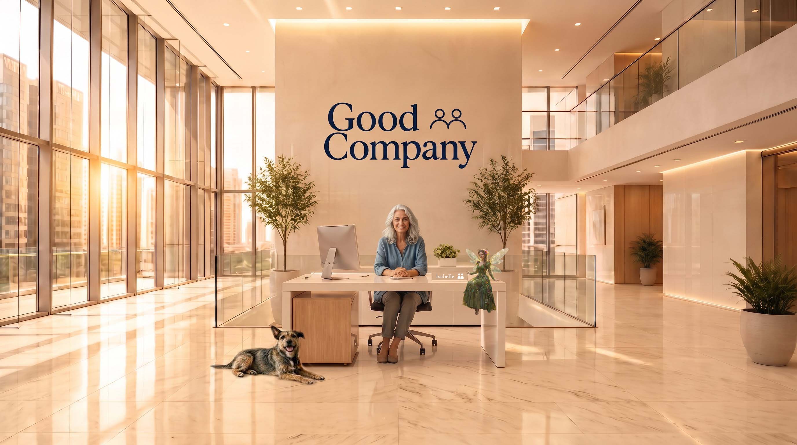 The Good Company lobby: Isabelle at the front desk, with Reggie and Tansy.