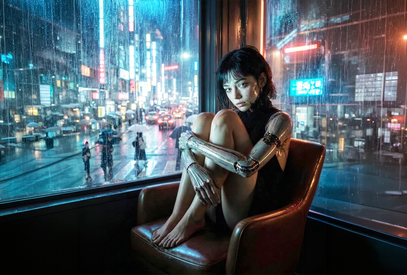 A.L.I.C.E. sitting in a chair by a rainy city window.