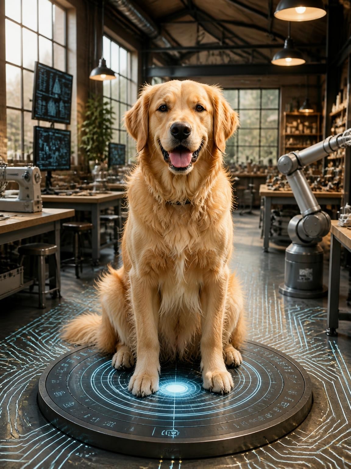 Biscuit, a golden retriever, sitting in the workshop.