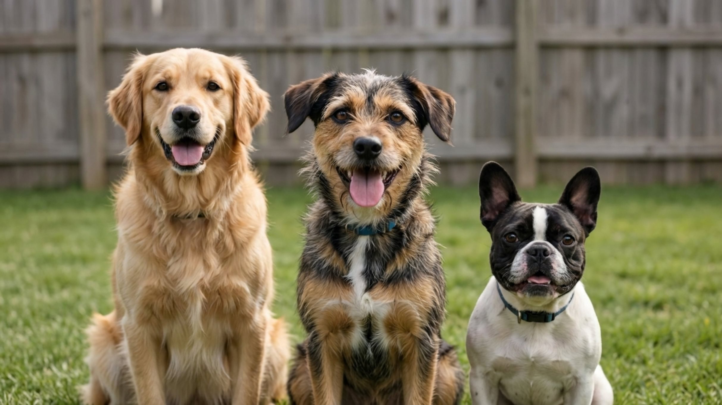 Biscuit, Reggie, and Mochi sitting together in a yard.