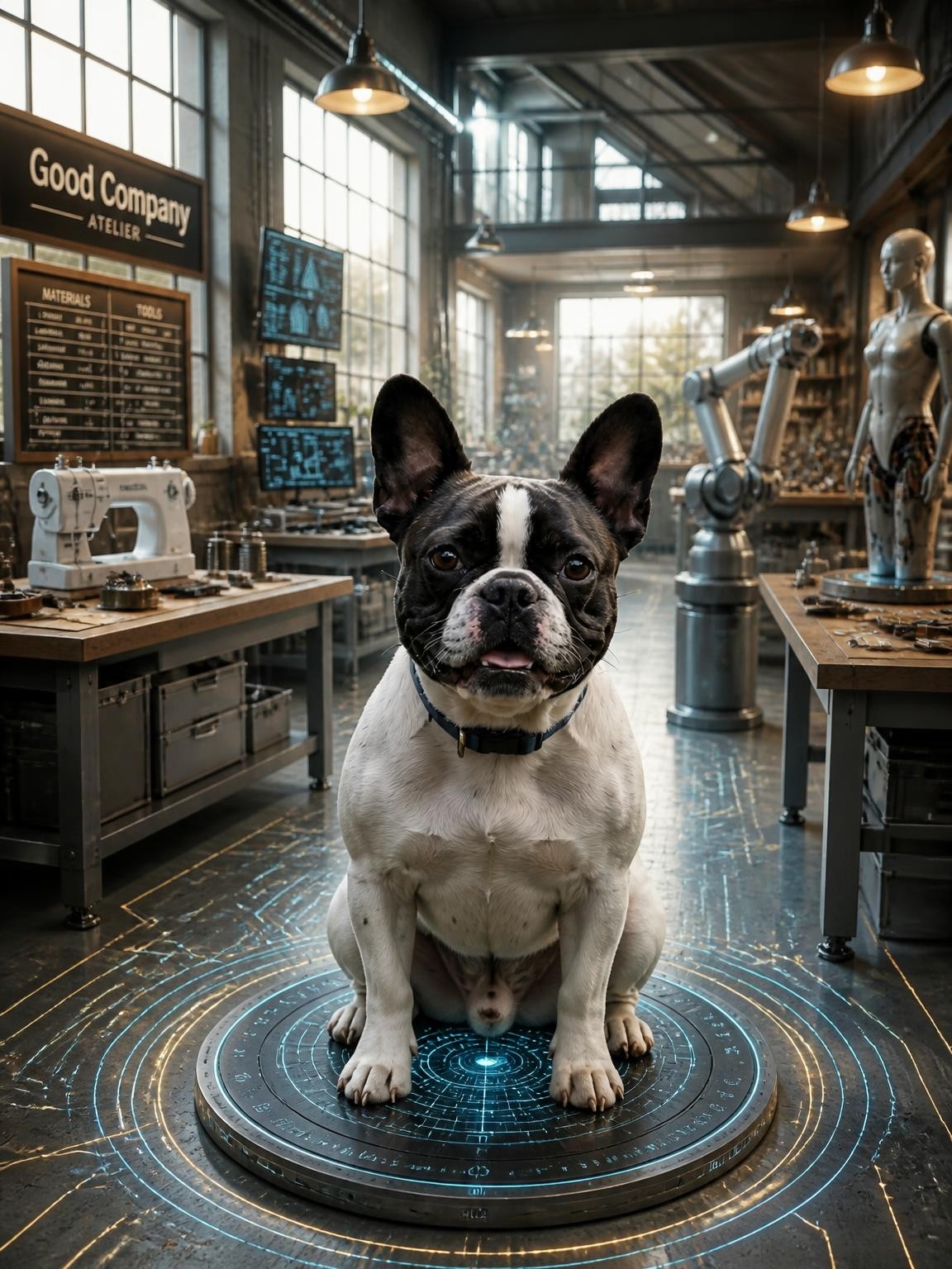 Mochi, a dog, in the workshop.