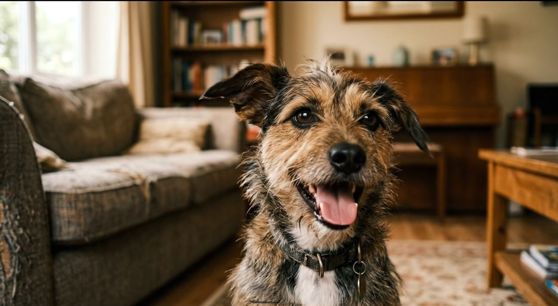 Reggie, a dog, sitting in a living room.